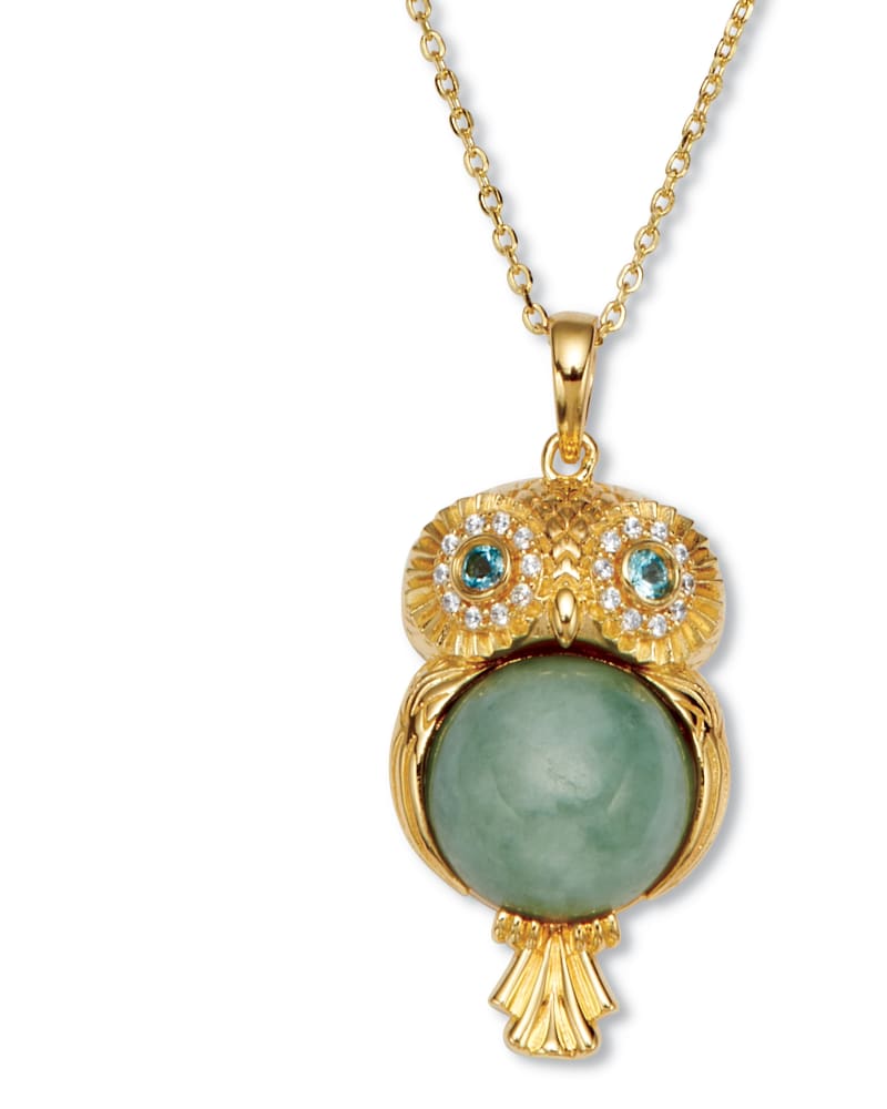 Front of a size One Size Round Cut Genuine Green Jade 18k Gold-plated Owl Pendant Necklace, 18 inches in Green by PalmBeach Jewelry. | dia_product_style_image_id:333227